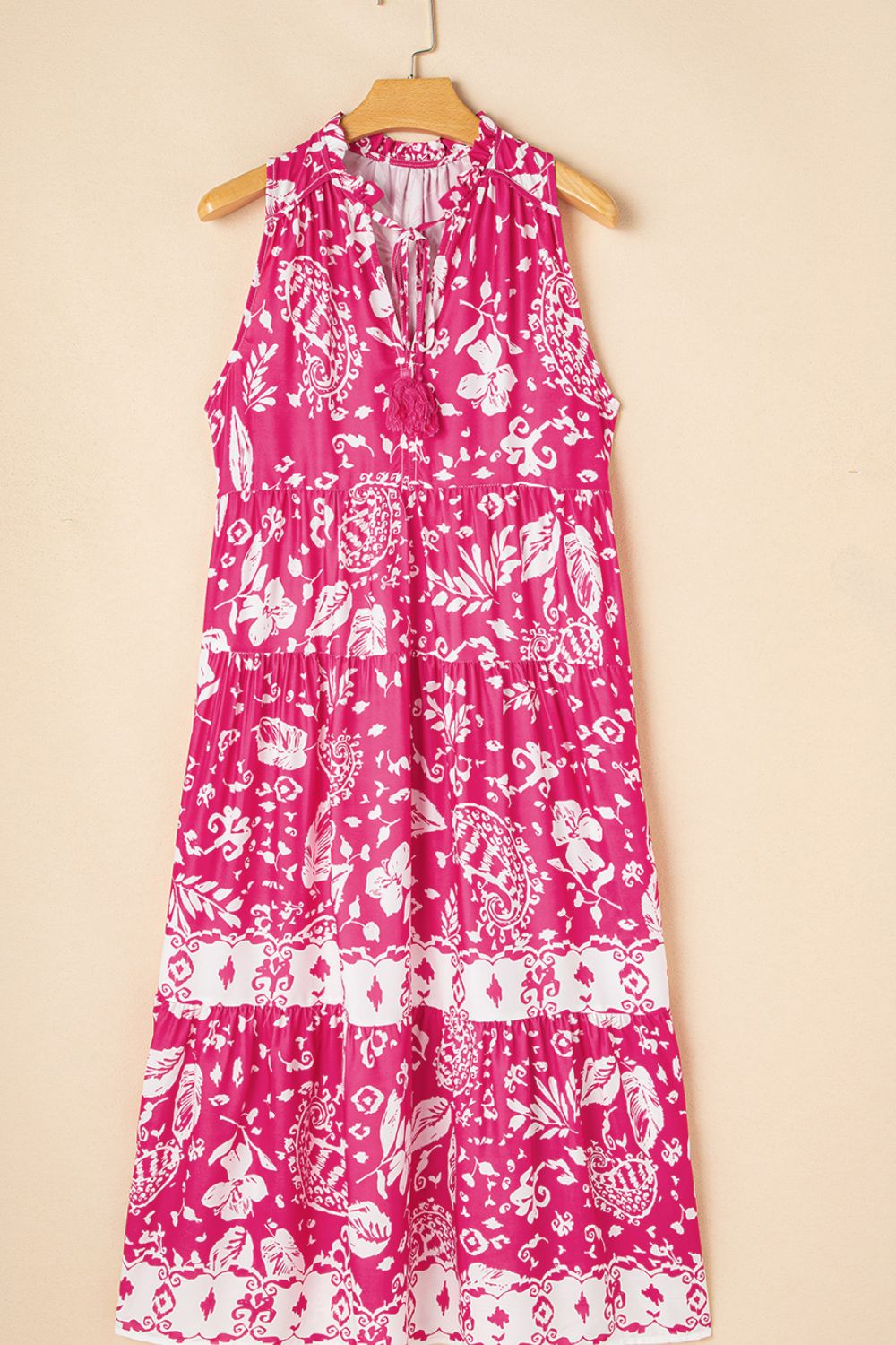 Noor - Roze Mouwloze Organische Print Wijde Tuniek Midi Jurk met Knoopjes V-Hals