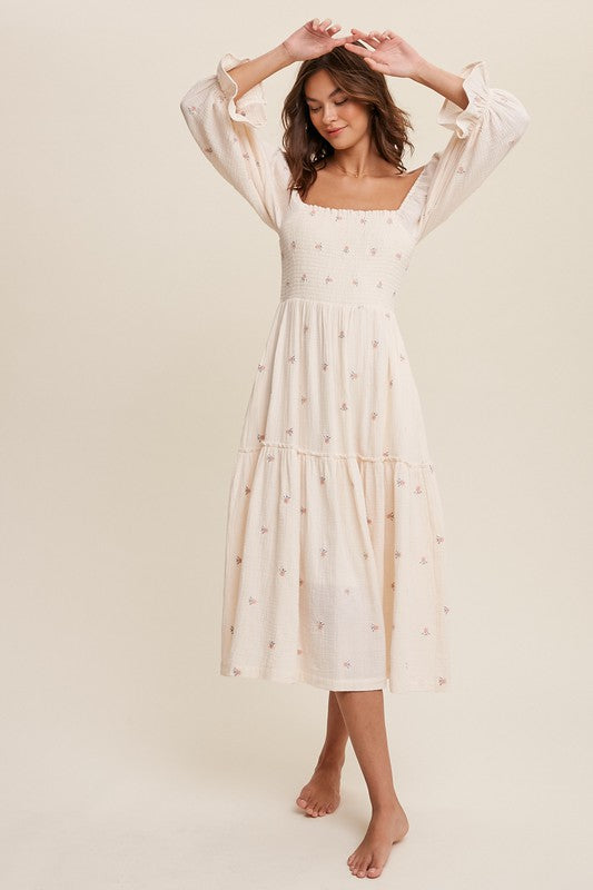 Sophia - Off-shoulder Geborduurde Midi Jurk