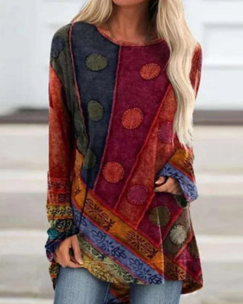 Saskia - Kleurige Patchwork Lange Mouw Top