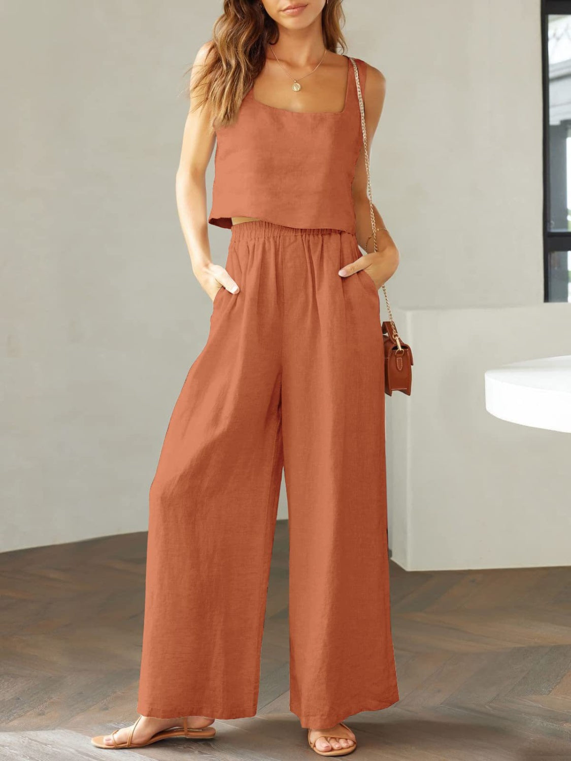 Lily - Cropped Tanktop en Broek met Wijde Pijpen Set