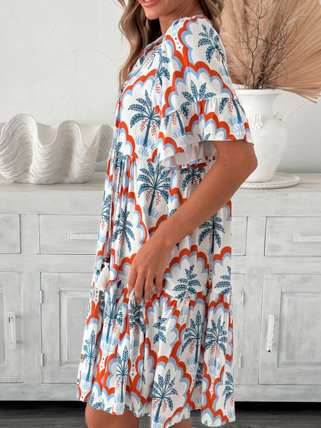 Linnea - Mini Overhemd Jurk in 4 Zomerse Prints met Halve Mouwen Knoopjes en 2 Kwastjes
