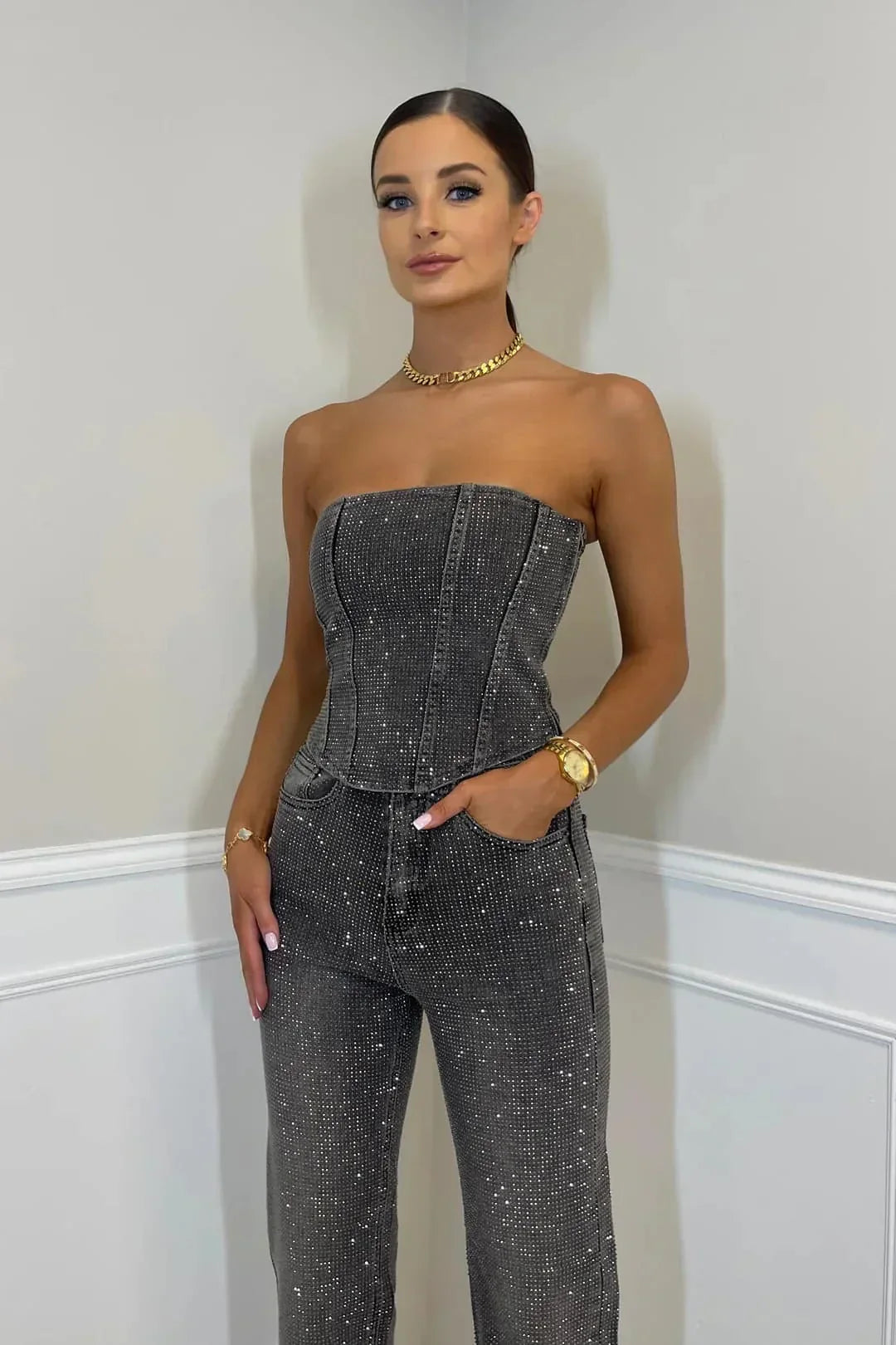 Isla - Elegante Strapless Glinsterende Jumpsuit voor Feestelijke Gelegenheden