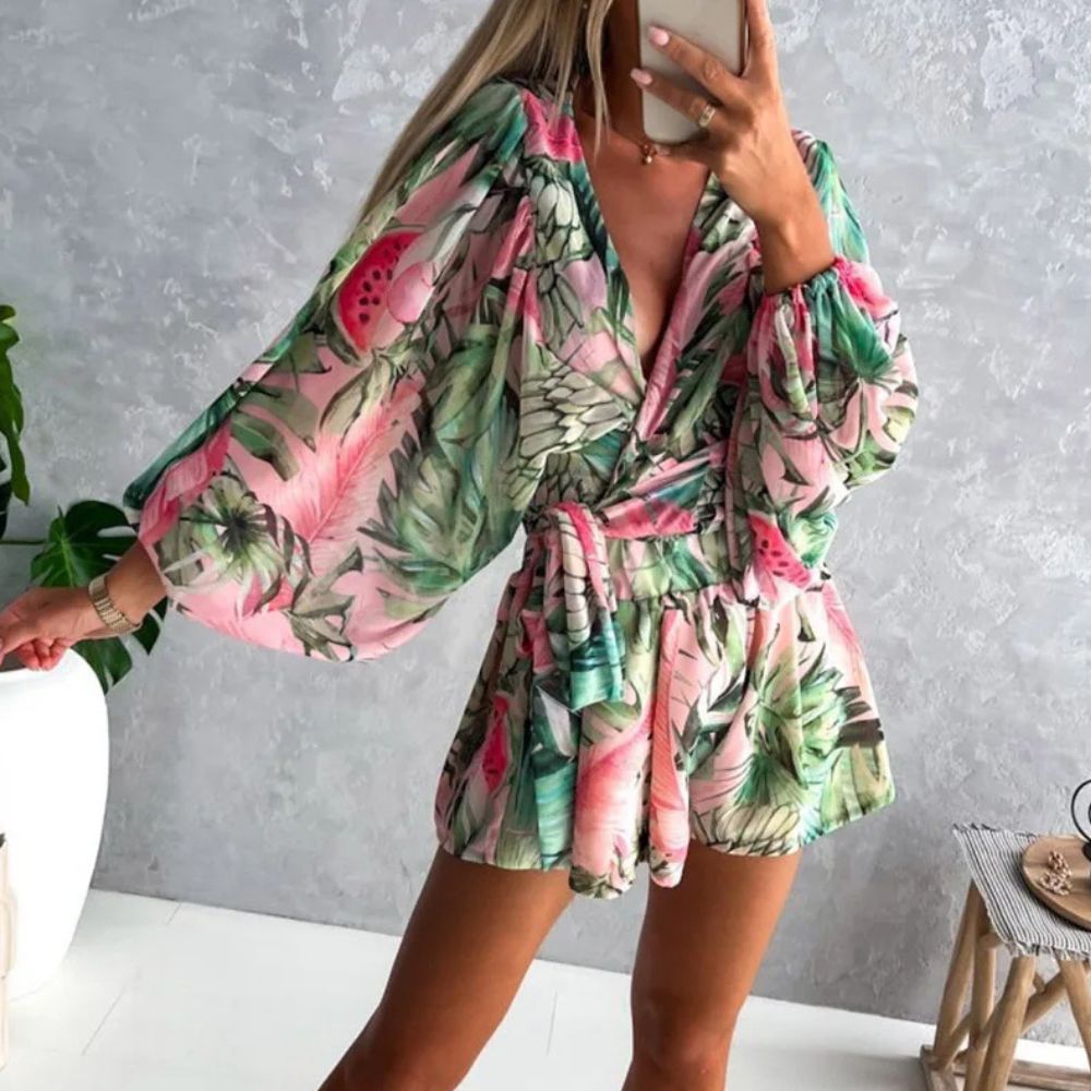 Lucy - Strand Luchtige Chique Comfortabele Playsuit met Lange Mouwen en Zomerse Print