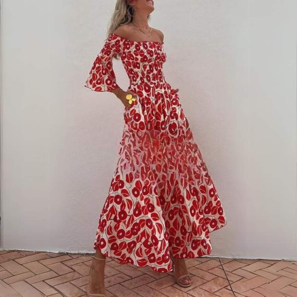 Amaris - Gesmokte off-Shoulder Maxi-Jurk met Bloemenprint en Zakken