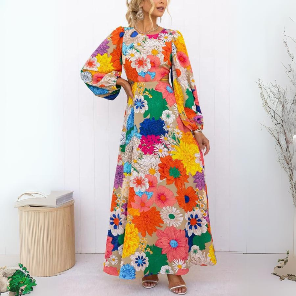 Blaire - Maxi-Jurk met Bloemenprint, Halslijn en Elastische Taille