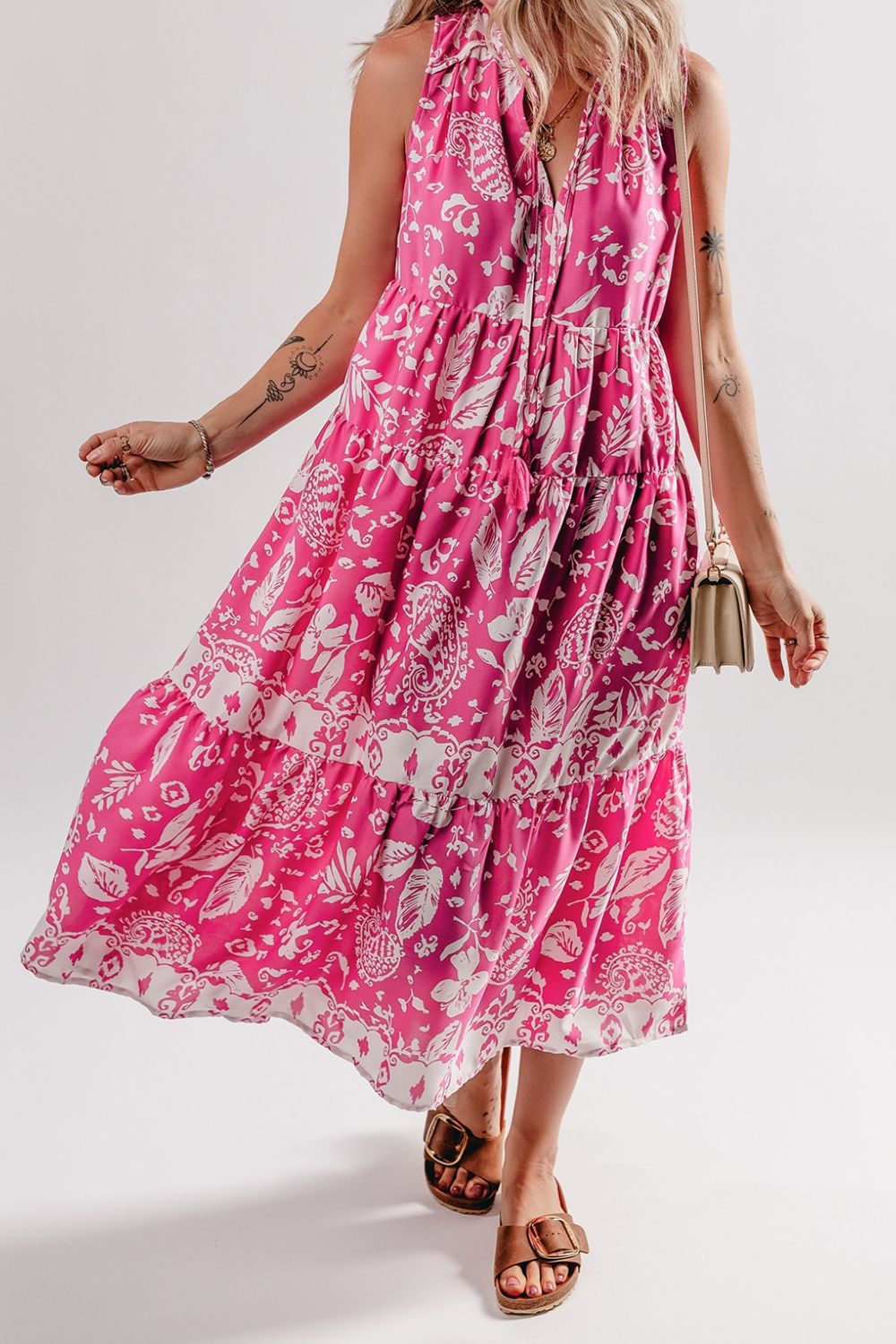 Noor - Roze Mouwloze Organische Print Wijde Tuniek Midi Jurk met Knoopjes V-Hals