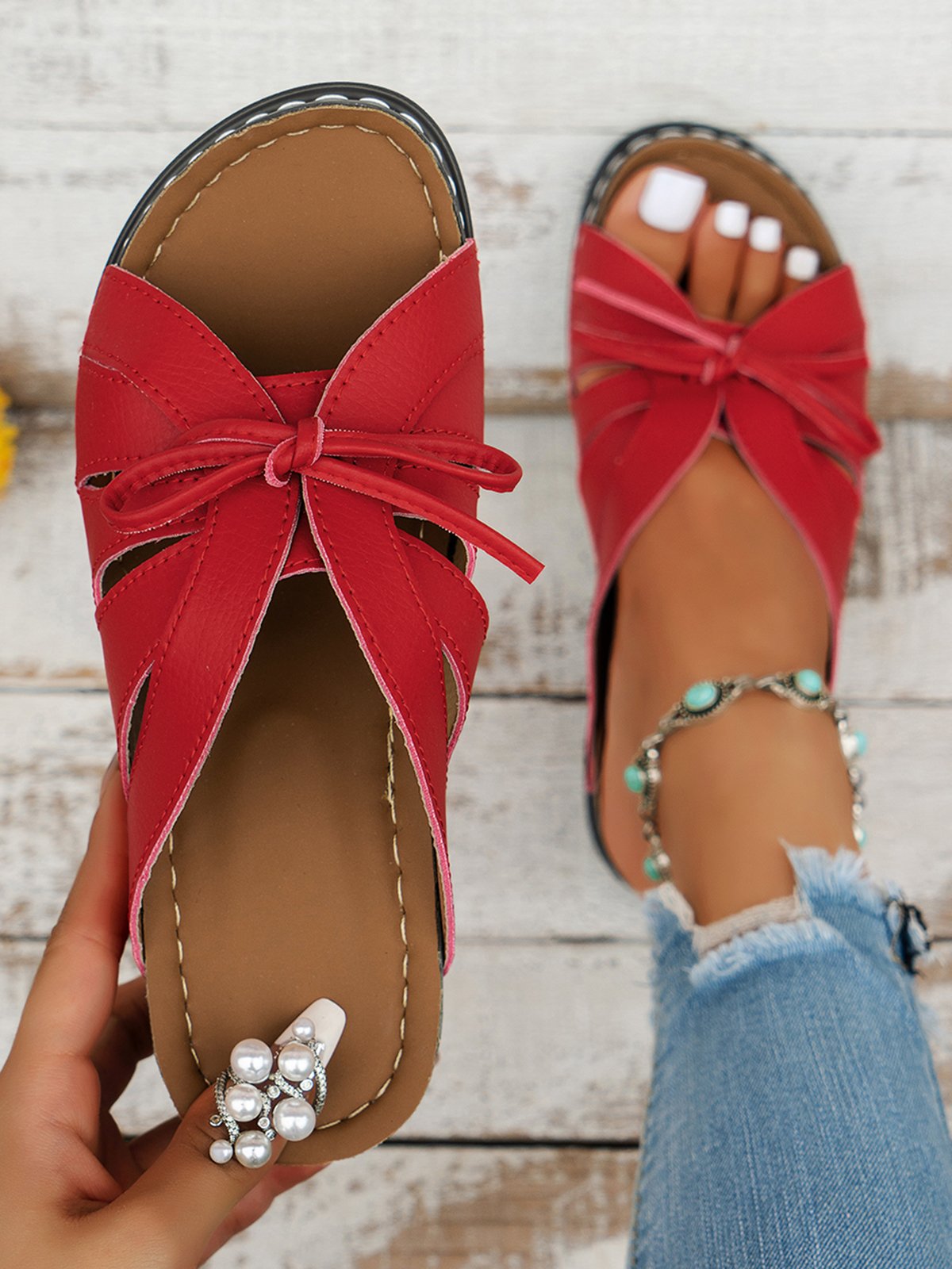 Els - Orthopedische Instap Sandalen met Extra Demping in Elegant Design van Vegan Leer en Strikje Voorop in Zomerse Effen Kleuren