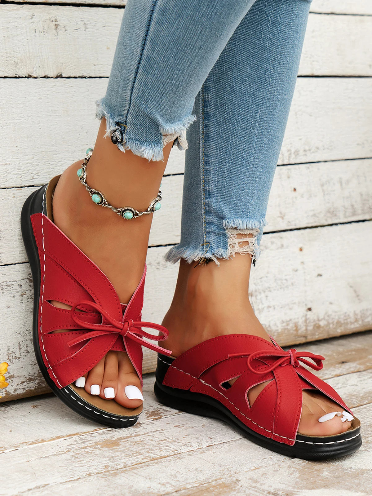 Els - Orthopedische Instap Sandalen met Extra Demping in Elegant Design van Vegan Leer en Strikje Voorop in Zomerse Effen Kleuren