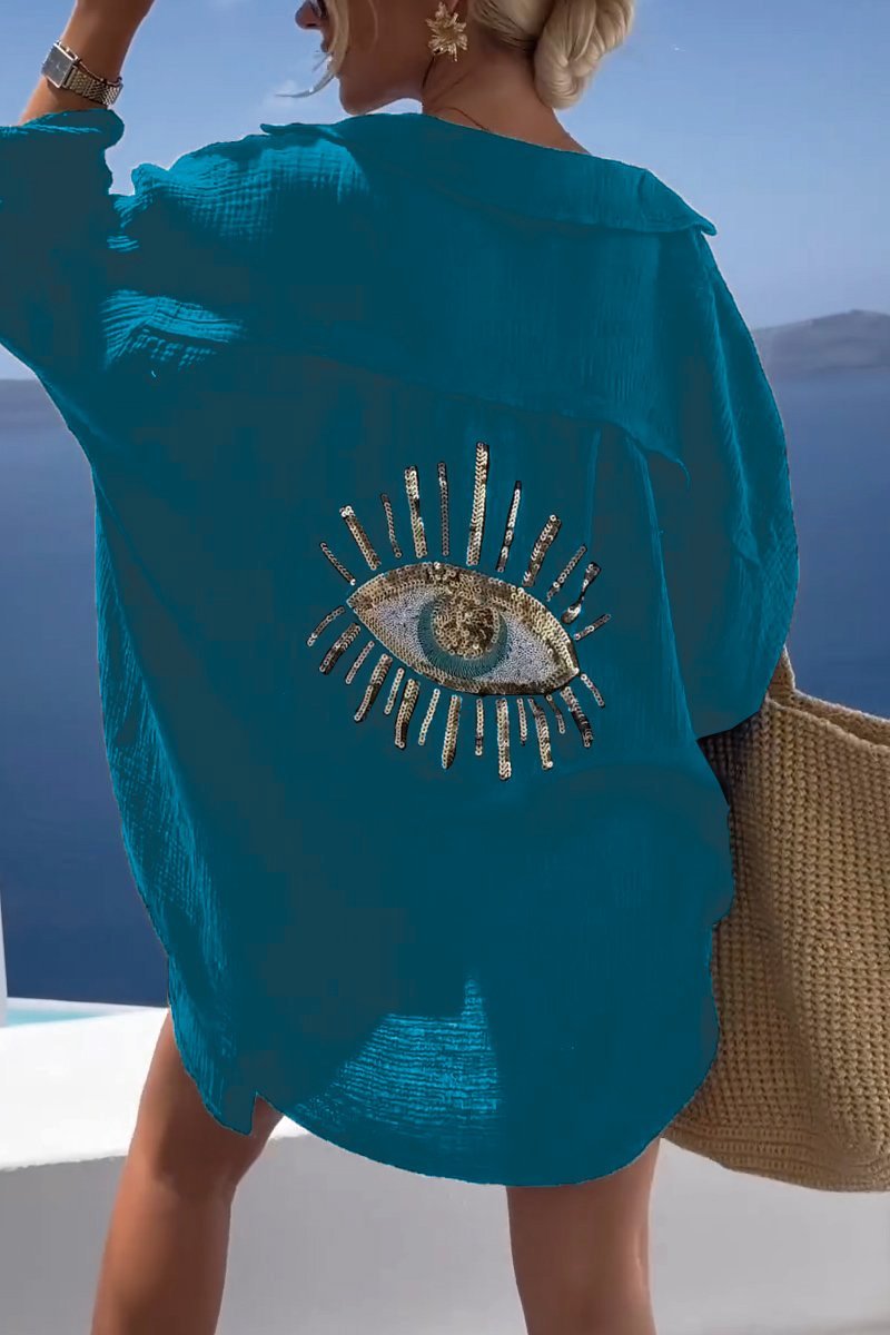 Sanne - Pailetten Eye Linnen Cover Up Strand Overhemd voor Vrouwen