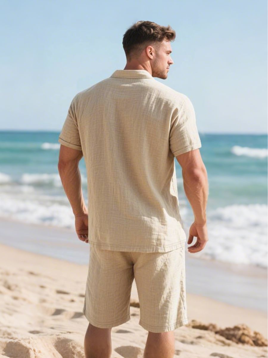 John - Tweedelig Linnen Vakantie Zomer Set van Korte Mouwen Polo met Knoopjes en Elastische Taille Shorts