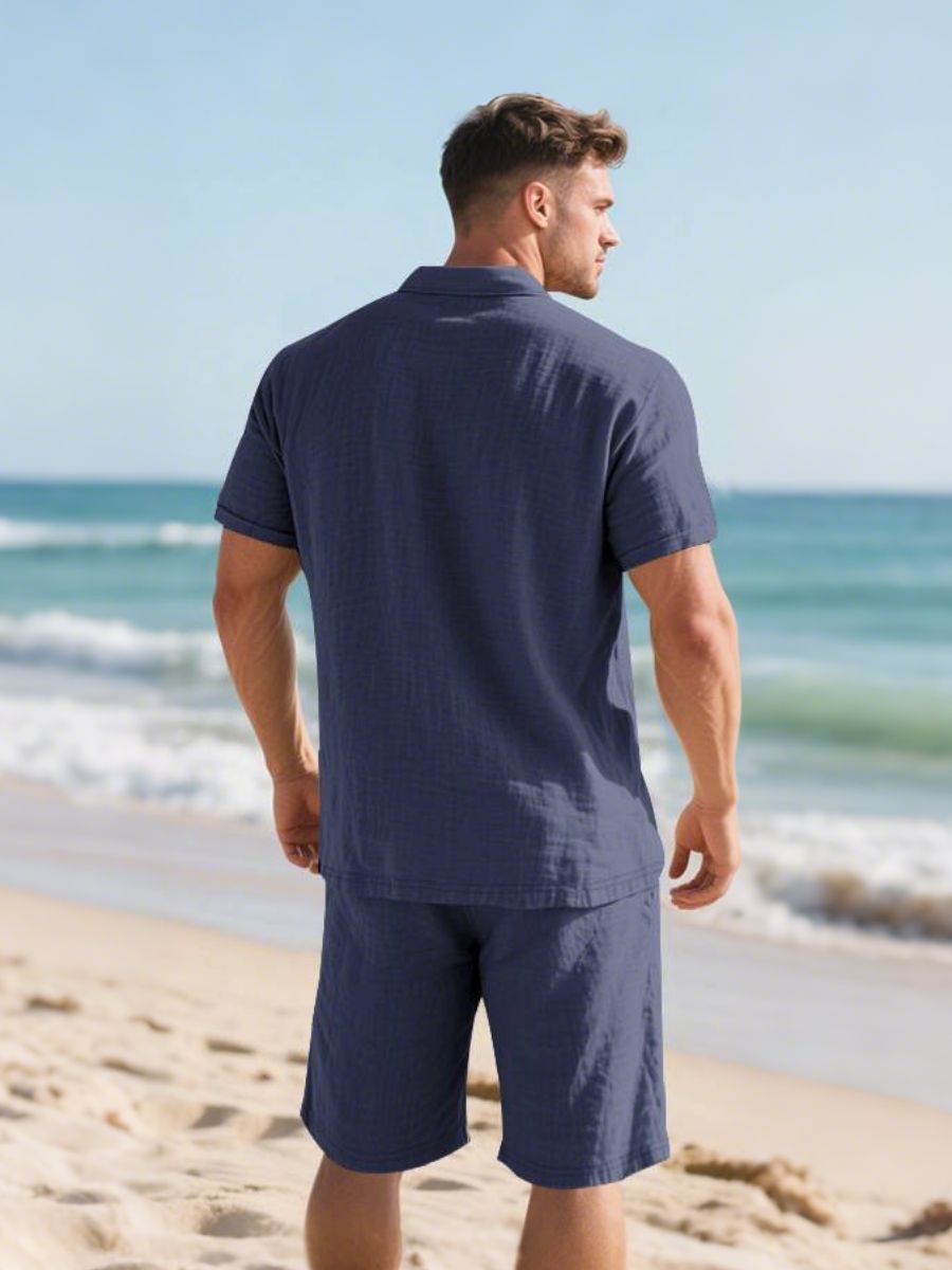 John - Tweedelig Linnen Vakantie Zomer Set van Korte Mouwen Polo met Knoopjes en Elastische Taille Shorts