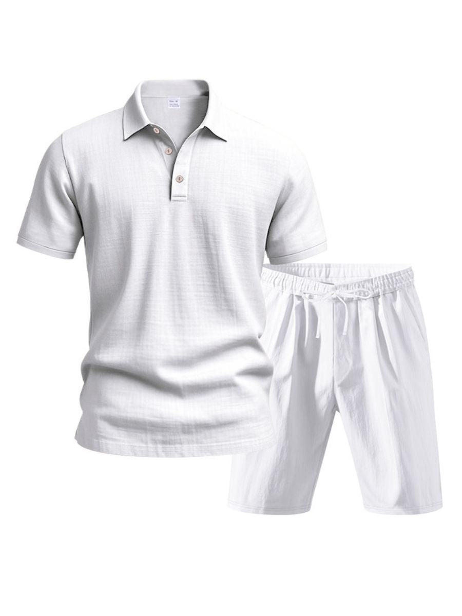 John - Tweedelig Linnen Vakantie Zomer Set van Korte Mouwen Polo met Knoopjes en Elastische Taille Shorts