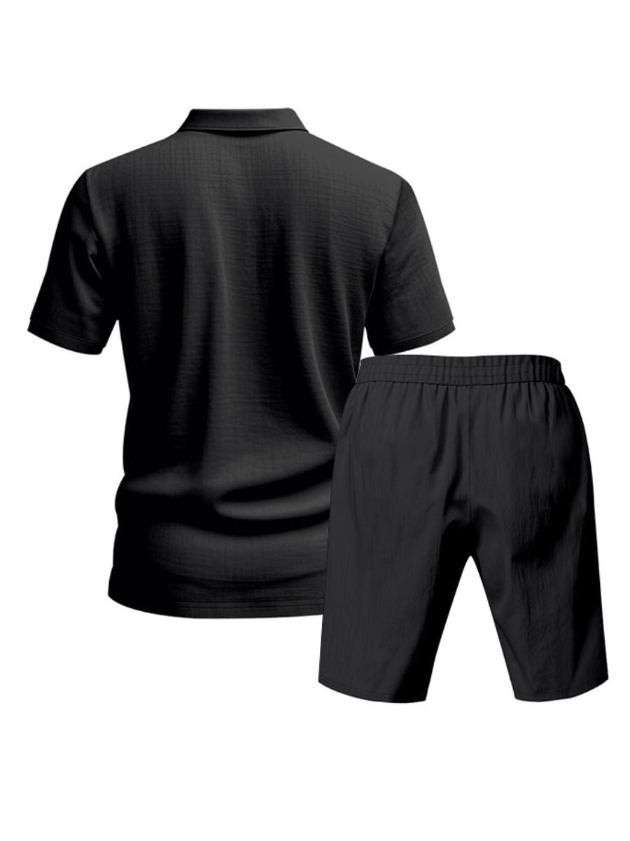 John - Tweedelig Linnen Vakantie Zomer Set van Korte Mouwen Polo met Knoopjes en Elastische Taille Shorts