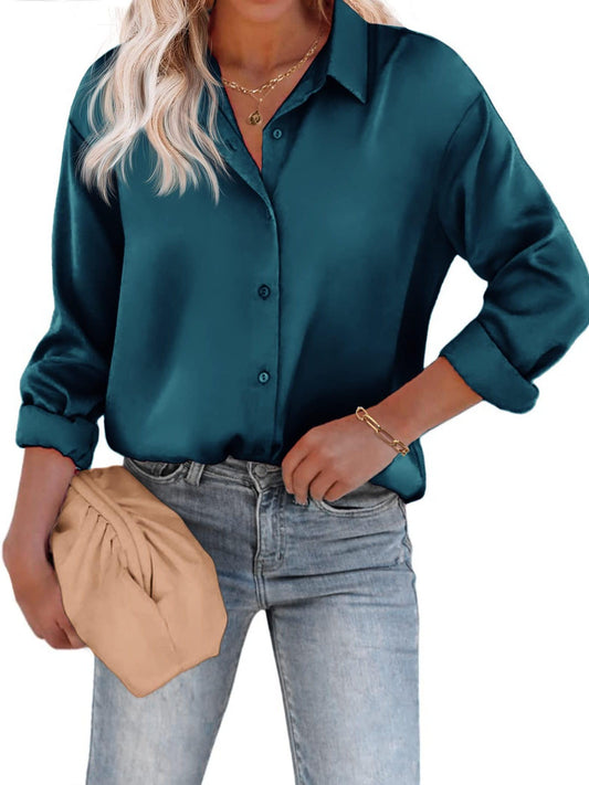 Esther - Casual Satijnen Blouse met Knoopsluiting en Lange Mouwen voor Dames