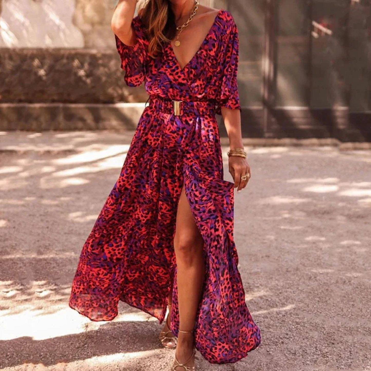 Nicole - Maxi V-hals Zomerjurk met Bloemenprint en Tailleband voor Dames