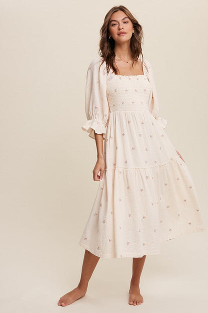 Sophia - Off-shoulder Geborduurde Midi Jurk