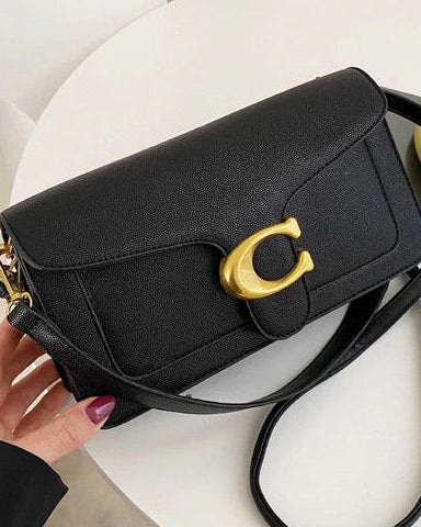 Celine - Chique Leren Crossbody Tas met Gouden C Logo