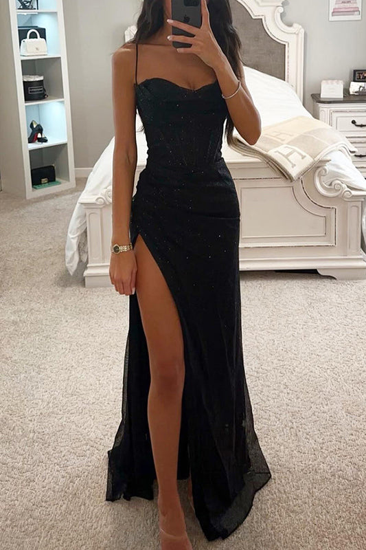 Tessa - Elegante Stijlvolle Romantische Vrouwelijke Zomer Avond Maxi Jurk Getailleerd en Balcony Dunne Afhaalbare Bandjes met Split
