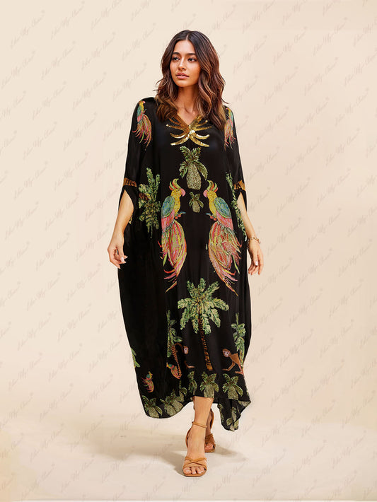 Julia - Elegante Lange Maxi Zomer Kaftan Cover Up Jurk met Unieke Print V-Hals en Halflange Mouwen