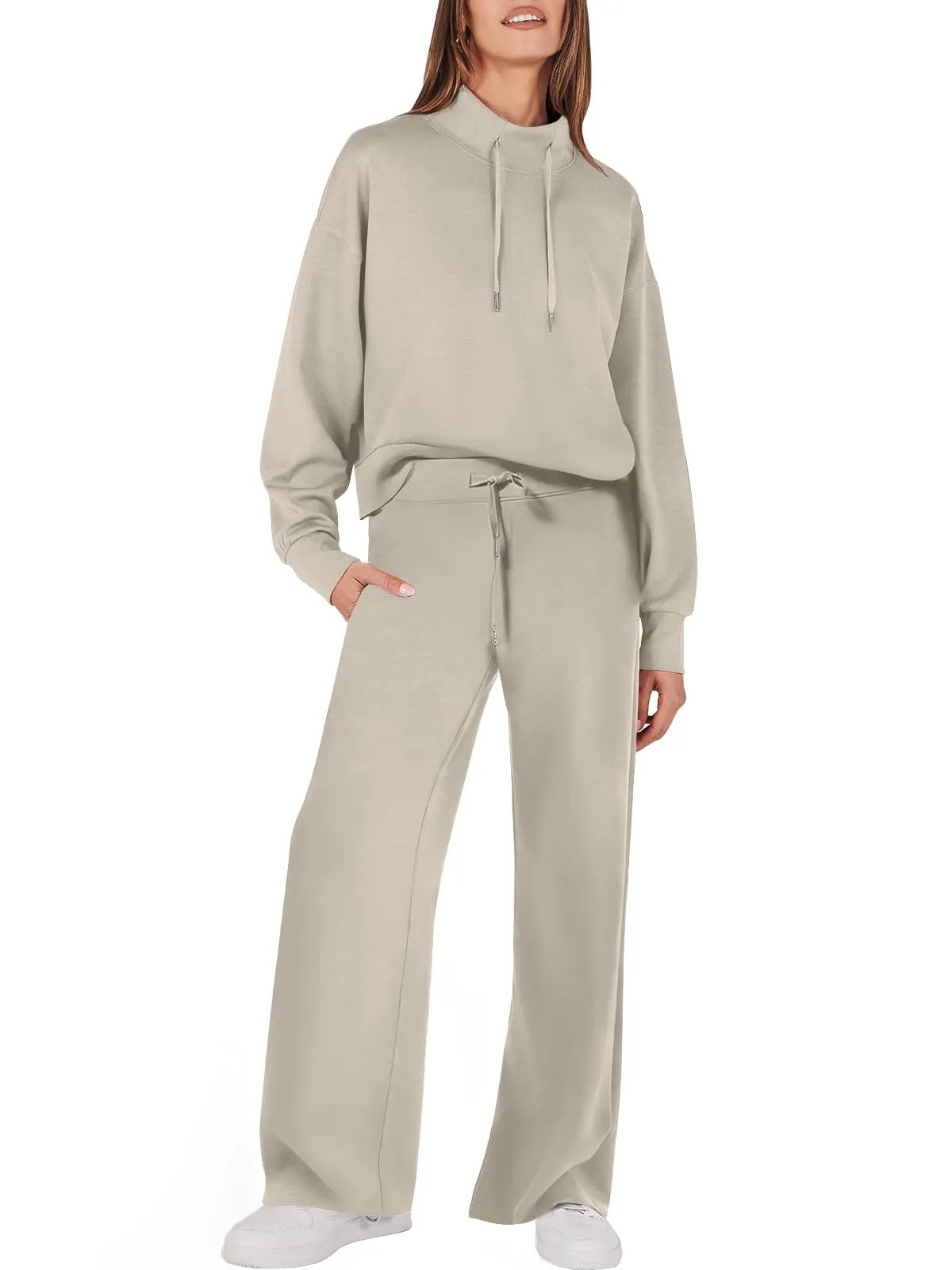 Tweedelig Dames Sweatshirt en Wijde Broek Bijpassende Set Met Zakken