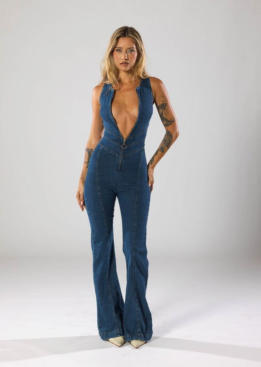 Maya - Denim Jumpsuit met Diepe Halslijn
