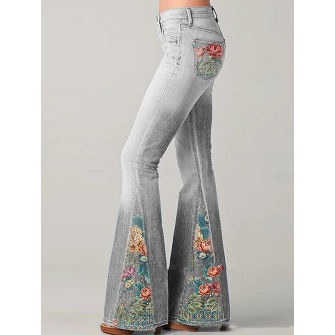 Evi - Bloemen Geborduurde Flared Jeans