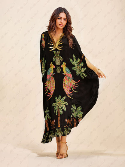 Julia - Elegante Lange Maxi Zomer Kaftan Cover Up Jurk met Unieke Print V-Hals en Halflange Mouwen