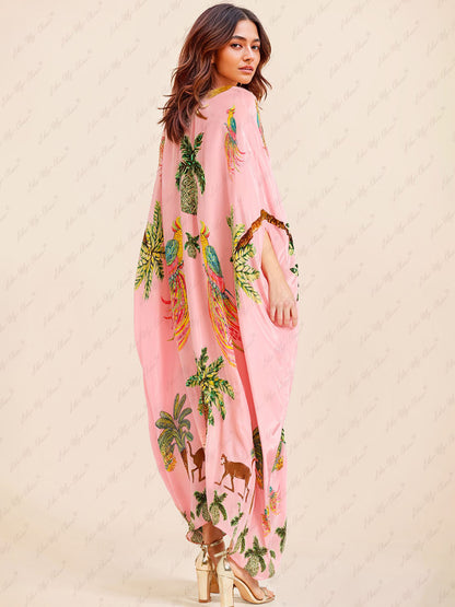 Julia - Elegante Lange Maxi Zomer Kaftan Cover Up Jurk met Unieke Print V-Hals en Halflange Mouwen