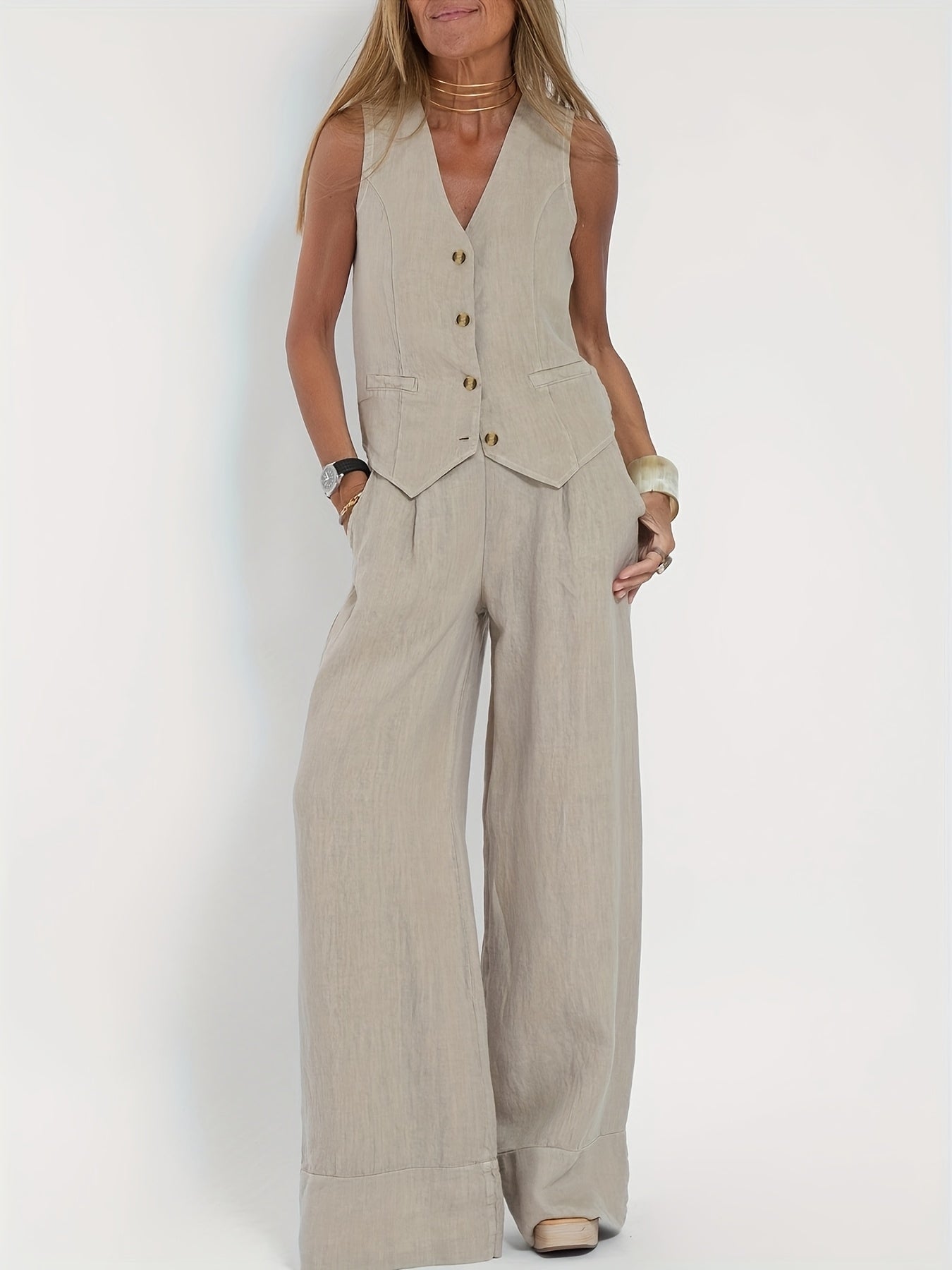 Maaike - Dames Tweedelig Set van Colbert en Wijde Broek van 100% Linnen in Beige