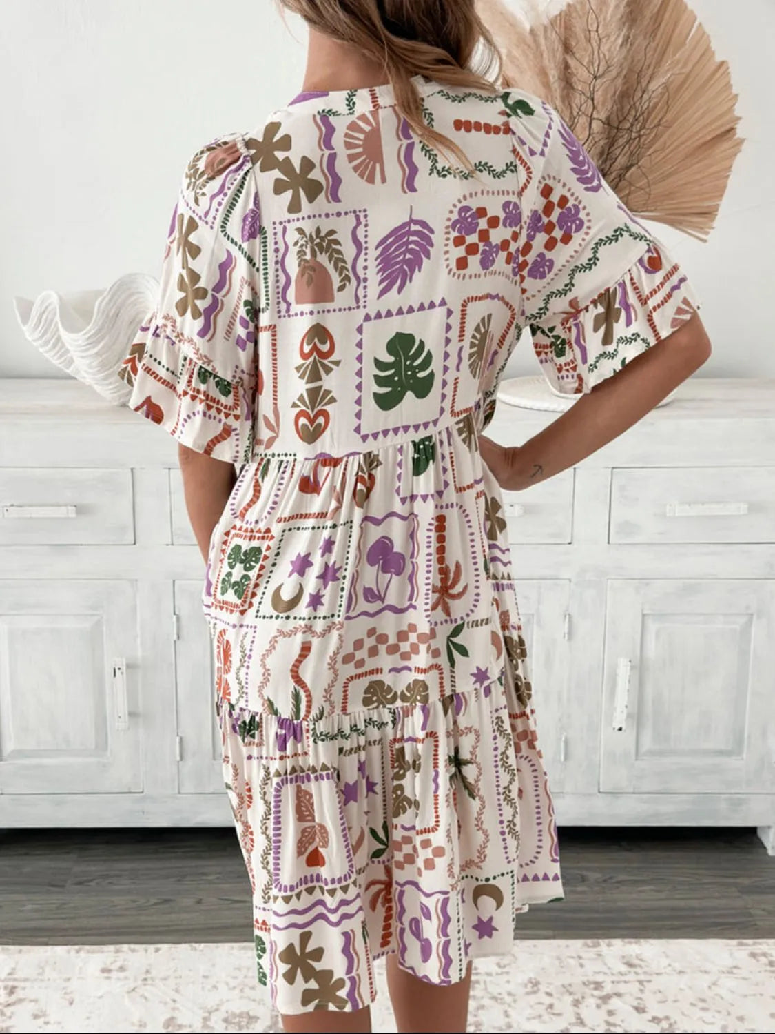 Linnea - Mini Overhemd Jurk in 4 Zomerse Prints met Halve Mouwen Knoopjes en 2 Kwastjes