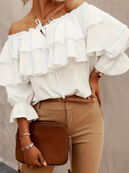 Trijntje - Chiffon Off Shoulder Top met Halflange Mouwenc