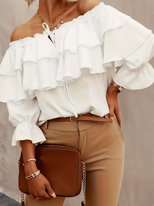 Trijntje - Chiffon Off Shoulder Top met Halflange Mouwenc