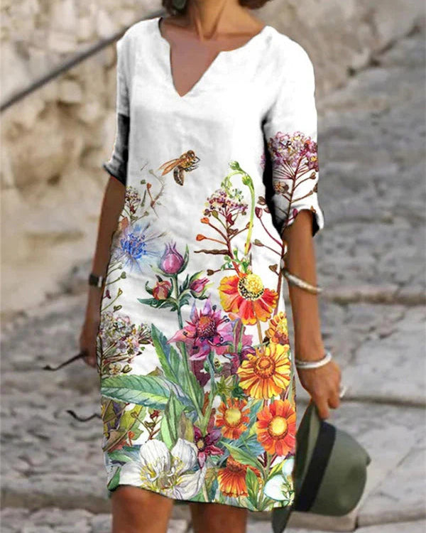 Femke - Lente V-hals Drie-Kwart Mouwen Jurk tot Knie in Zomerse Prints