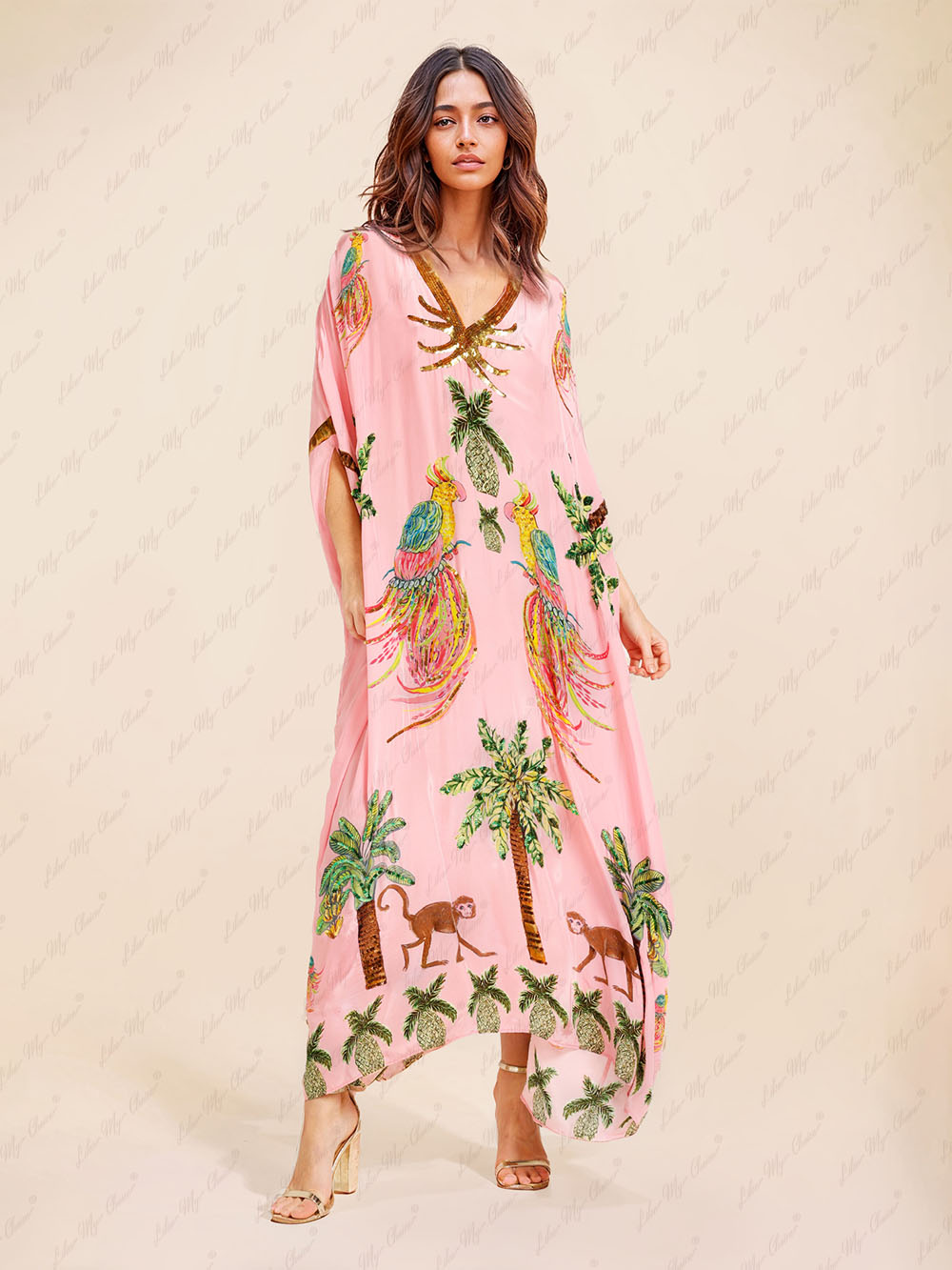 Julia - Elegante Lange Maxi Zomer Kaftan Cover Up Jurk met Unieke Print V-Hals en Halflange Mouwen