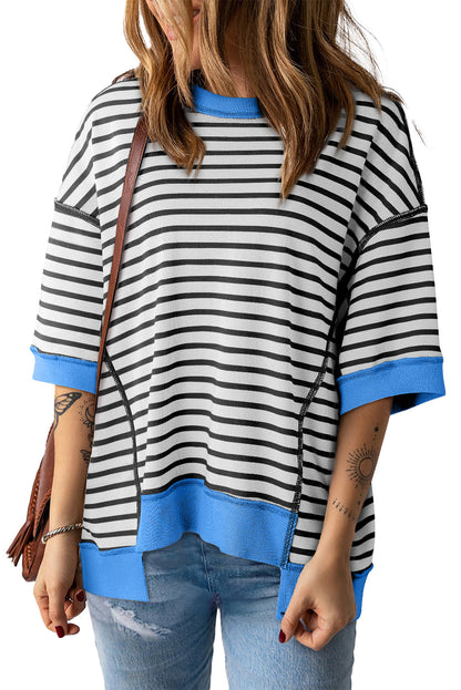 Anna - Horizontaal Gestreept Loose Fit T-shirt met Contrast Trim en Wijde Korte Mouwen