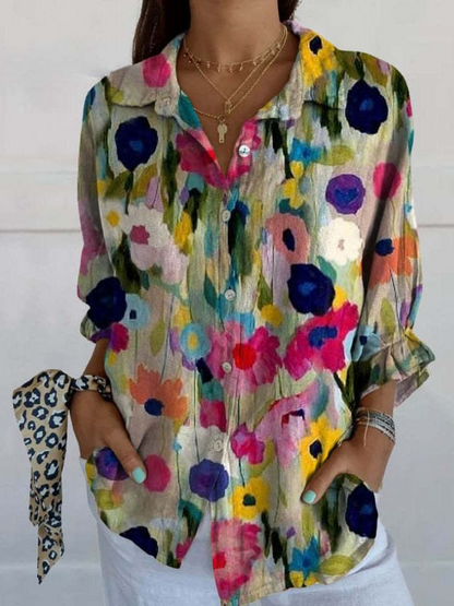 Maria - Ademend Katoen Casual Lange Mouwen Los Shirt Overhemd in Creatieve Patronen voor Vrouwen