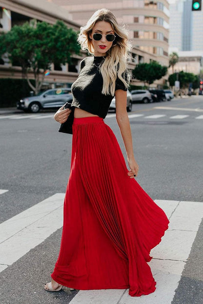 Sophie - Geplooide Lange Maxi Rok met Hoge Elastische Taille