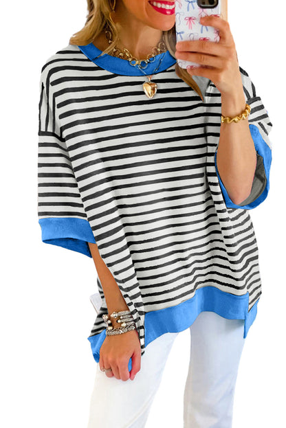Anna - Horizontaal Gestreept Loose Fit T-shirt met Contrast Trim en Wijde Korte Mouwen