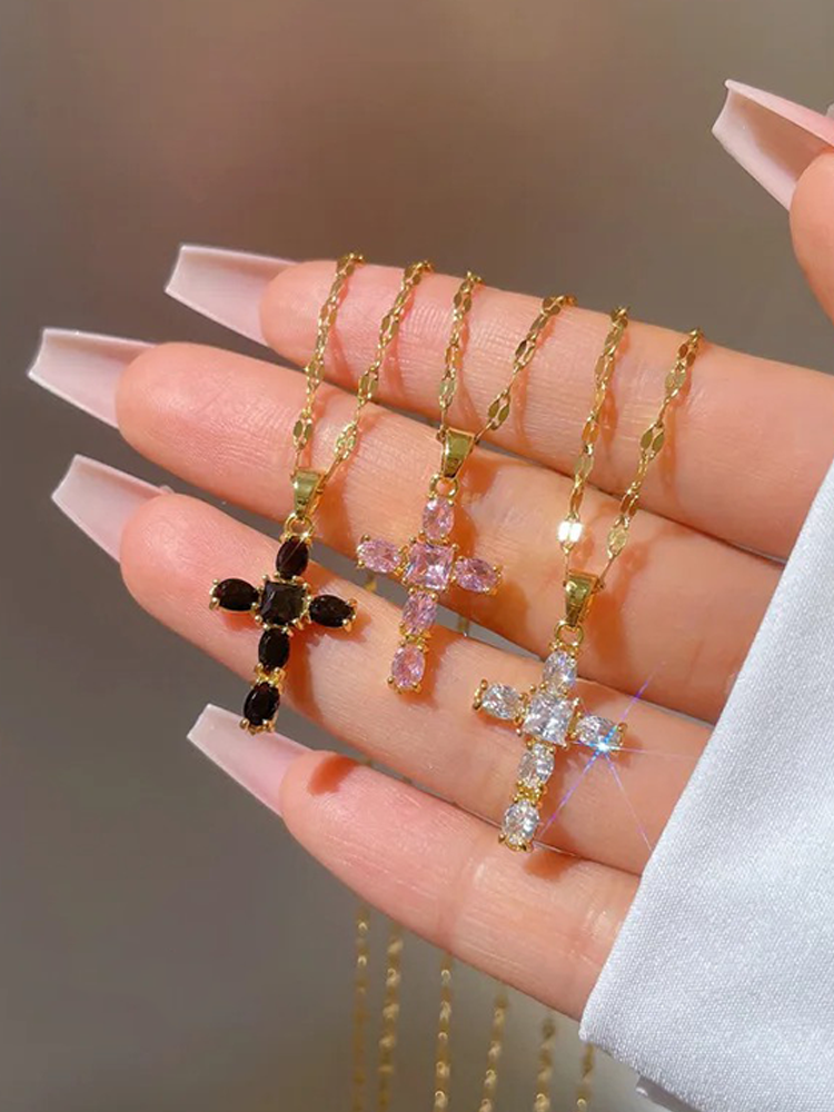 Guurtje - Zirkonia Kruis Ketting Goud Wit/ Roze/ Zwart