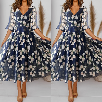 Shyral  - Bloemen chiffon feestjurk met wijde V-halslijn