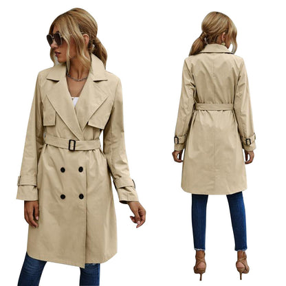 Elegantia Dames Midi Trenchcoat Jas in Effen Kleur met Dubbele Knoopsluiting