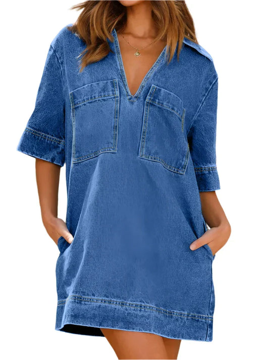 Sophie - Elegante Denim Spijkerjurk met Ontspannen Pasvorm Korte Mouwen en V-Hals
