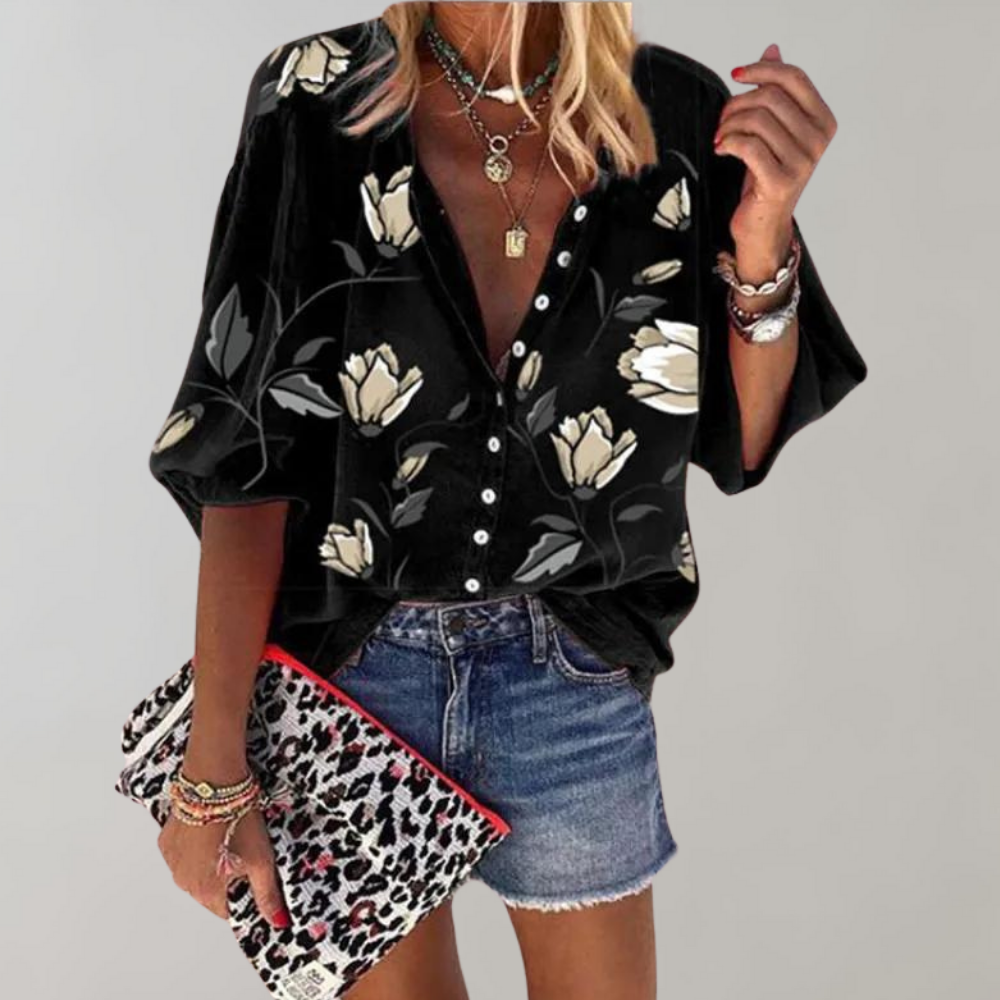 Sanne - Zomerse Blouse met Bloemenprint met Knoopjes voor Dames