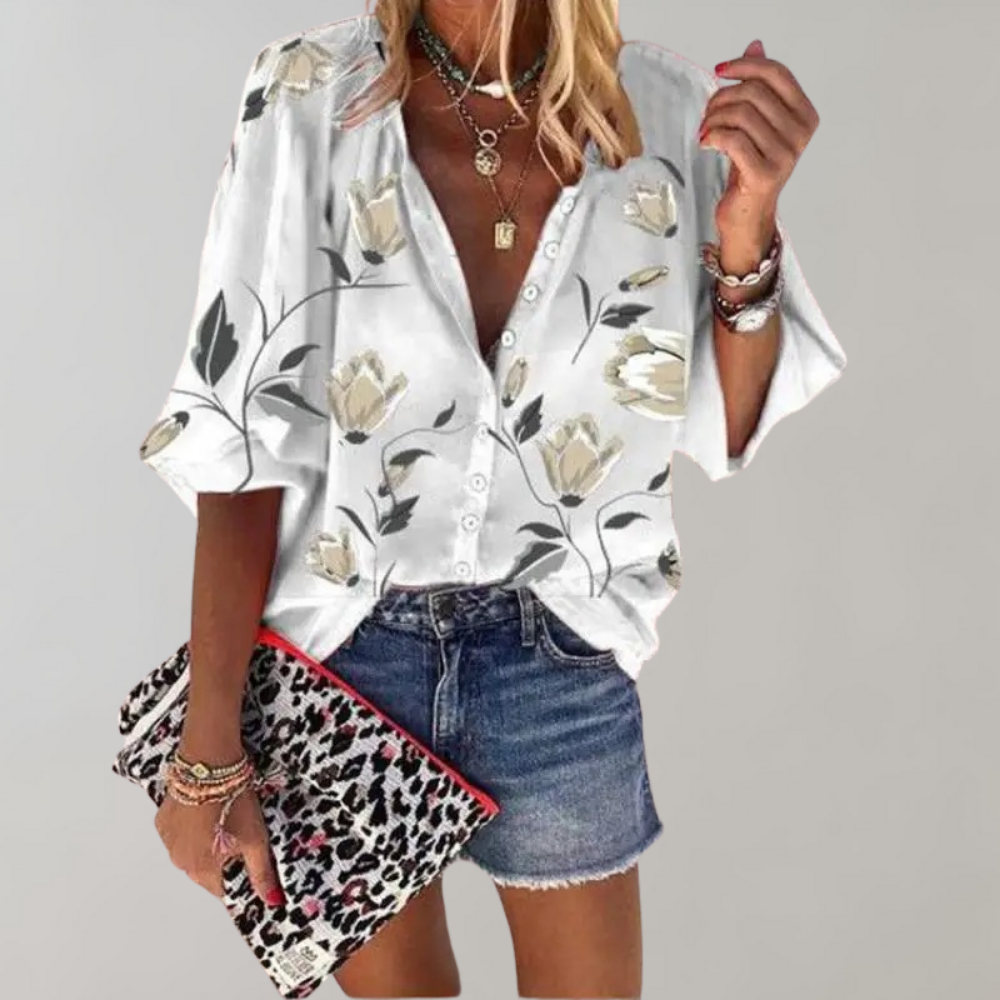 Sanne - Zomerse Blouse met Bloemenprint met Knoopjes voor Dames