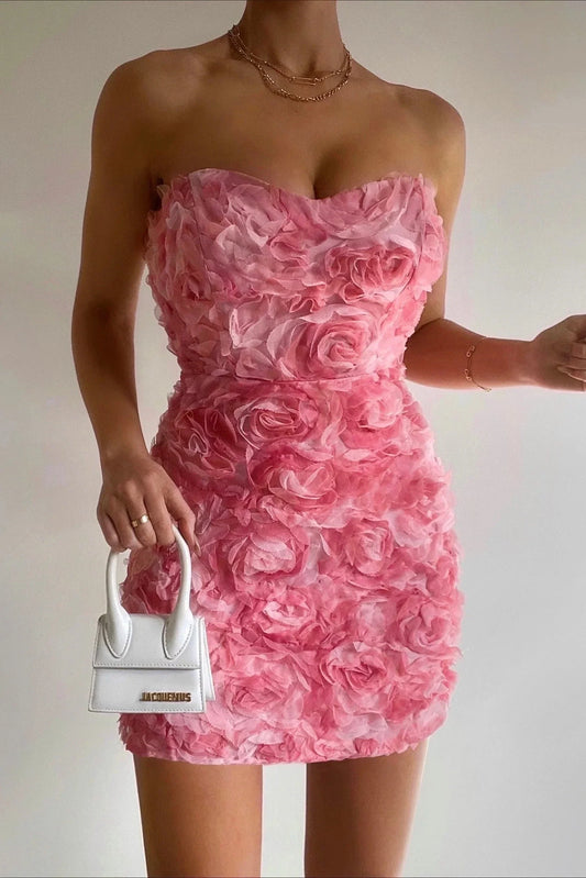 Elizabeth Roses Mini Strapless Elegante Bodycon Jurk met Reliëf Rozen Patroon