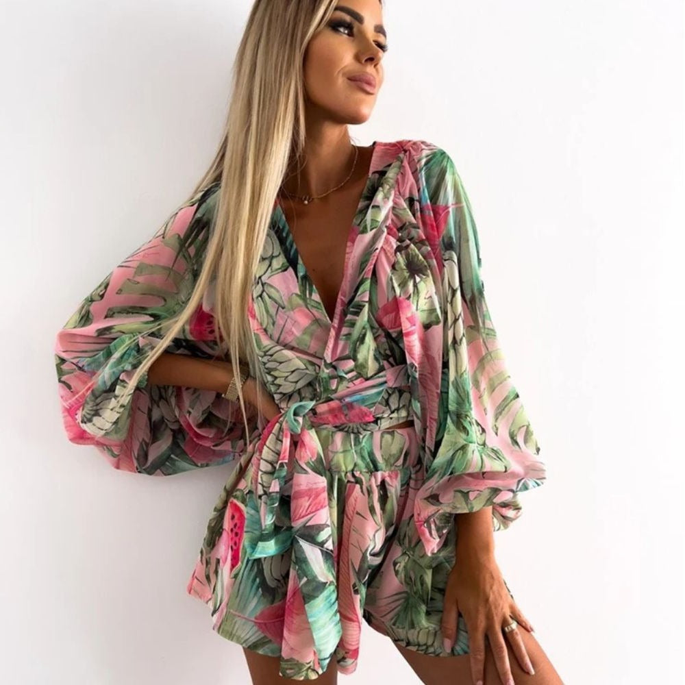Lucy - Strand Luchtige Chique Comfortabele Playsuit met Lange Mouwen en Zomerse Print