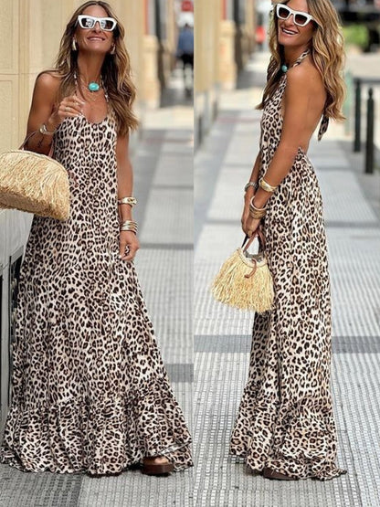 Liva - Wijde Maxi Halter Jurk met Lage Rug Panterprint Comfortabel en Stijlvol