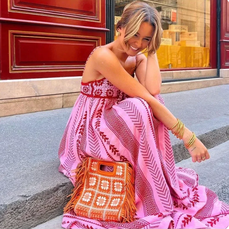 Mendy - Boheemse Roze en Rode Maxi Jurk