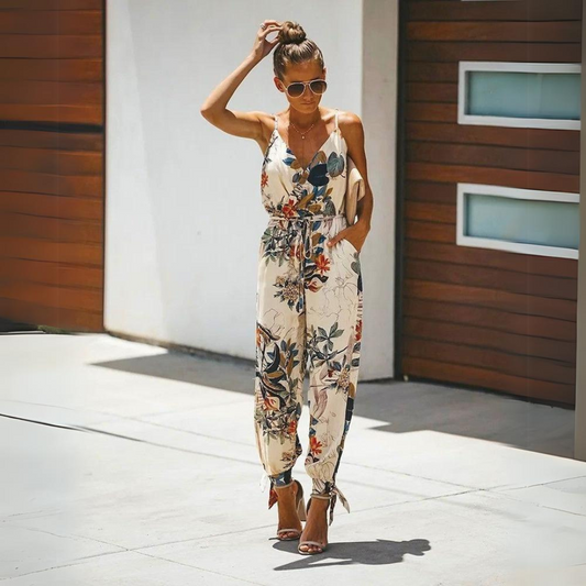 Elka Bloemenprint Losse Maxi Jumpsuit  met Tailleband Zijsplits V-Hals en Spaghettibandjes