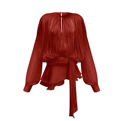Elara - Elegante Luchtige Top met Draperingen en Asymmetrische Tailleband